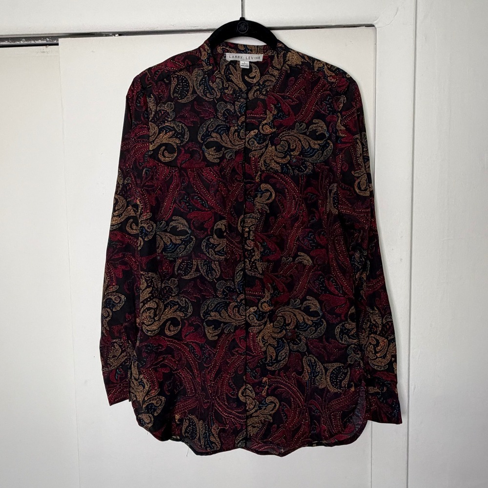 Larry Levine Womens Small Paisley Button Down Blouse Burgundy Black Long Sleeve